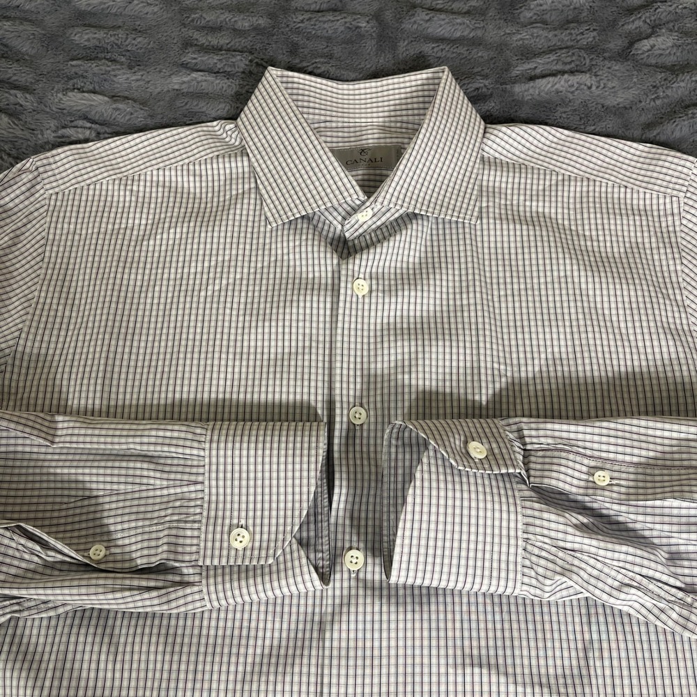 Canali Men Dress Shirt 17 43 White Black Burgundy Micro Check Cotton Italy AP949